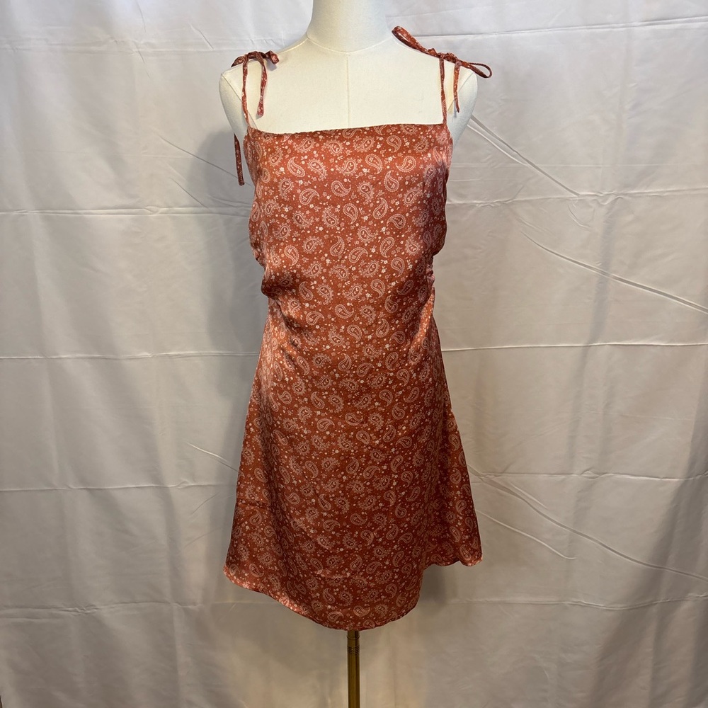 Y2K Dress Forum Rust Bandana Paisley Satin Slip Mini Dress Tie Straps Size‎ M